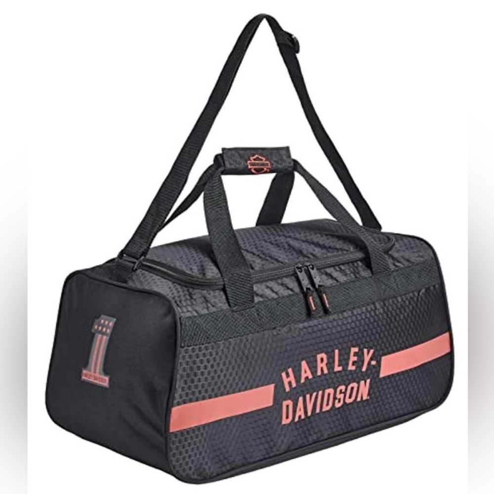 harley-davidson rust orange #1 logo sports duffel bag w/shoulder strap - black